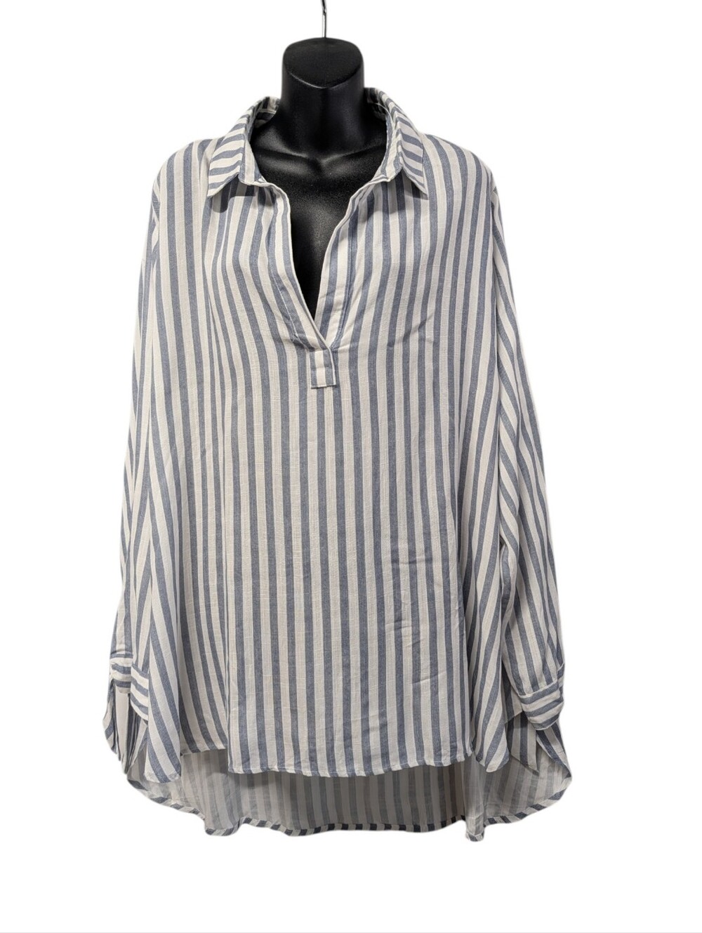 She + Sky Striped Button Down Shirt 1XL Blue White Tie Sleeve High Low Hem Tunic